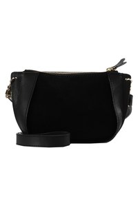 Černá kožená kabelka s texturovanou semišovou částí, zipovým uzávěrem a odnímatelným popruhem. Má kompaktní, zaoblený tvar.