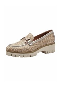 Geweven loafers met een meerkleurig patroon, metallic accenten, ronde neus en een dikke, gestructureerde zool met diepe profiel. 