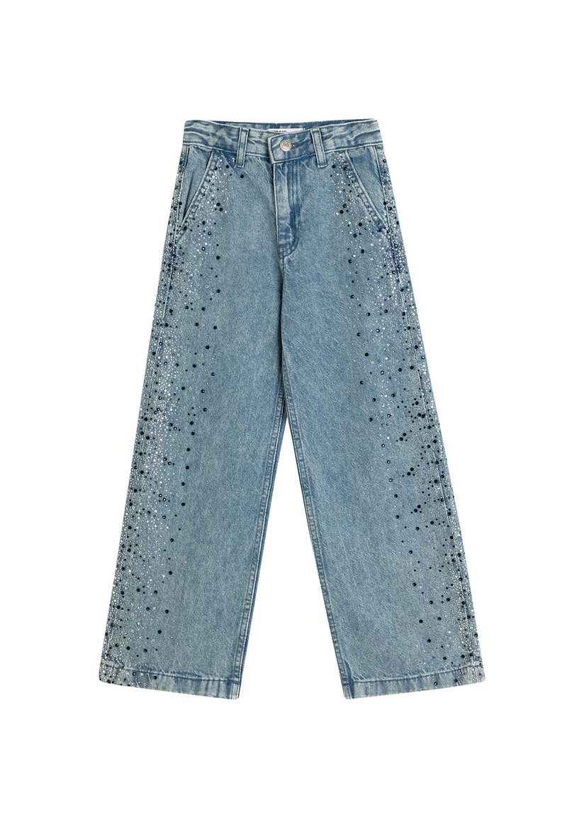 Vaaleansiniset leveälahkeiset farkut, joissa on ripoteltuna hopeisia ja mustia koristeita ulkopuolisilla saumoilla. Klassinen viiden taskun malli.