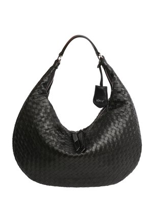 Woven black leather hobo bag with a rounded shape, zip closure, and a short handle. Features a small branded leather tag attached.