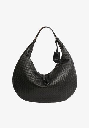 Woven black leather hobo bag with a rounded shape, zip closure, and a short handle. Features a small branded leather tag attached.