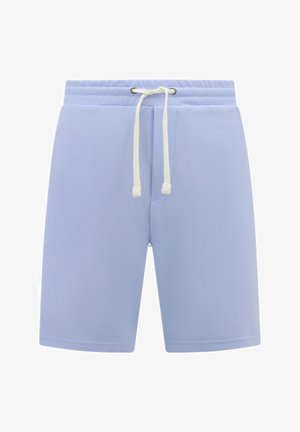 Lichtblauwe shorts van een zachte stof, met een elastische tailleband met een trekkoord en zijzakken. Gladde textuur, slim fit.