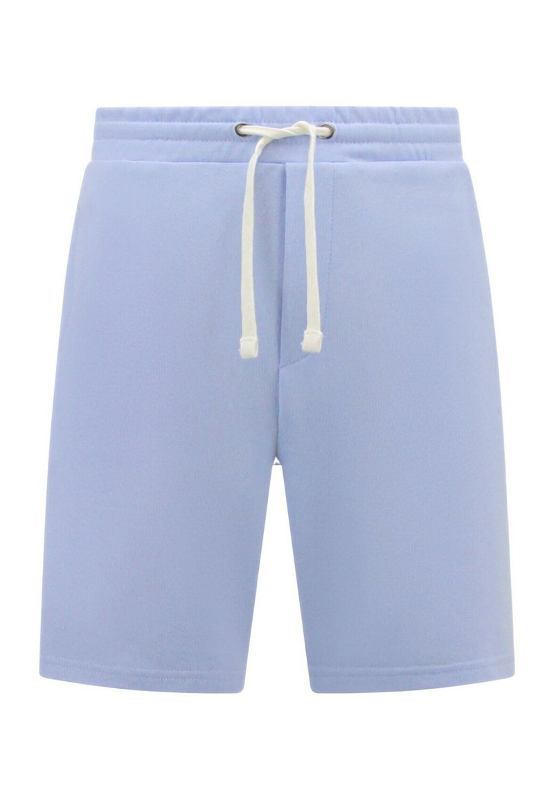 Lichtblauwe shorts van een zachte stof, met een elastische tailleband met een trekkoord en zijzakken. Gladde textuur, slim fit.
