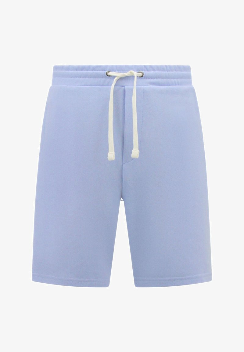 Lichtblauwe shorts van een zachte stof, met een elastische tailleband met een trekkoord en zijzakken. Gladde textuur, slim fit.
