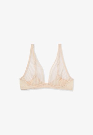 Bralette en dentelle beige clair avec des bonnets triangulaires non rembourrés, des finitions en dentelle délicate et des motifs floraux subtils, doté de bretelles réglables.