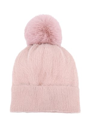 Cappello di lana rosa lavorato a maglia con una texture morbida, caratterizzato da un grande pom-pom soffice sulla cima e un bordo a coste alla base.