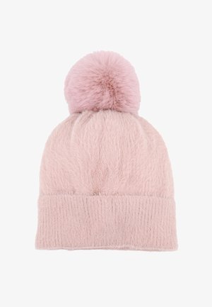 Cappello di lana rosa lavorato a maglia con una texture morbida, caratterizzato da un grande pom-pom soffice sulla cima e un bordo a coste alla base.