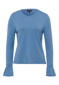 Pull pour femmes à manches longues bleu avec encolure festonnée et poignets à volants, fabriqué en tissu tricoté doux.