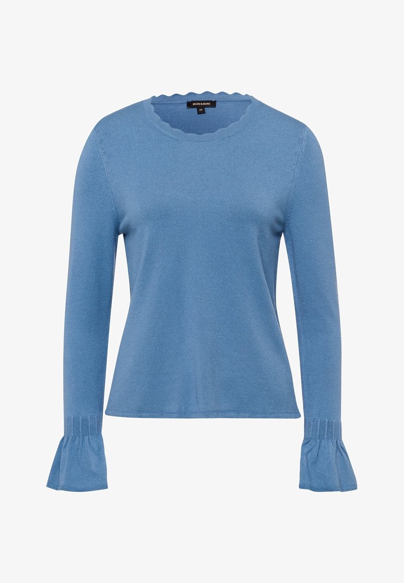 Pull pour femmes à manches longues bleu avec encolure festonnée et poignets à volants, fabriqué en tissu tricoté doux.