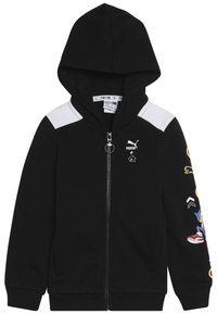 Svart zip-up hoodie med grå axelpanel, med tecknade grafiker på ärmarna och huva med snörning. Tillverkad av mjukt tyg, inkluderar fickor.