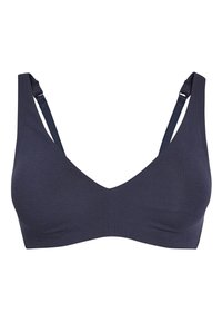 Navyblauer unpolsterter BH mit V-Ausschnitt, verstellbaren Trägern, aus weichem, dehnbarem Stoff. Ohne Bügel, glatte Textur, minimale Nähte.