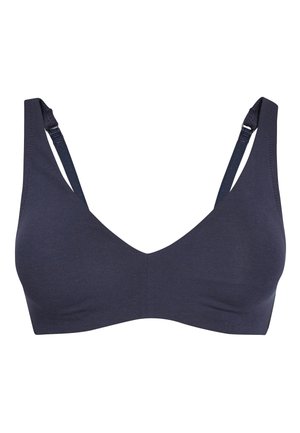 Bra non imbottito di colore blu navy con scollatura a V, spalline regolabili, realizzato in morbido tessuto elastico. Senza ferretto, texture liscia, cuciture minime.