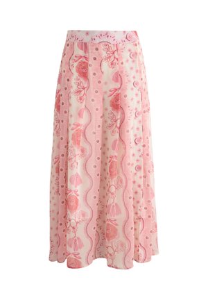 Jupe midi rose et blanche avec des motifs floraux et rayés, des lignes verticales en forme de festons et une rangée latérale de boutons roses.