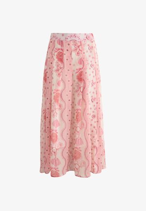 Jupe midi rose et blanche avec des motifs floraux et rayés, des lignes verticales en forme de festons et une rangée latérale de boutons roses.