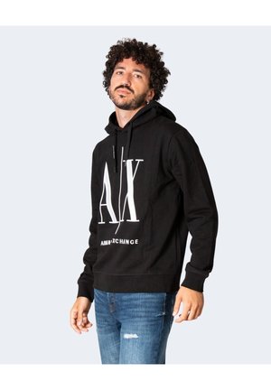 Sudadera negra de tejido de mezcla de algodón, con impresión de logotipo blanco en la parte frontal, capucha con cordón ajustable y puños acanalados.