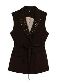 Bruine mouwloze vest met een puntige kraag, versierd met decoratieve pailletten aan de voorkant, een ceintuur in de taille en twee voorzakken.