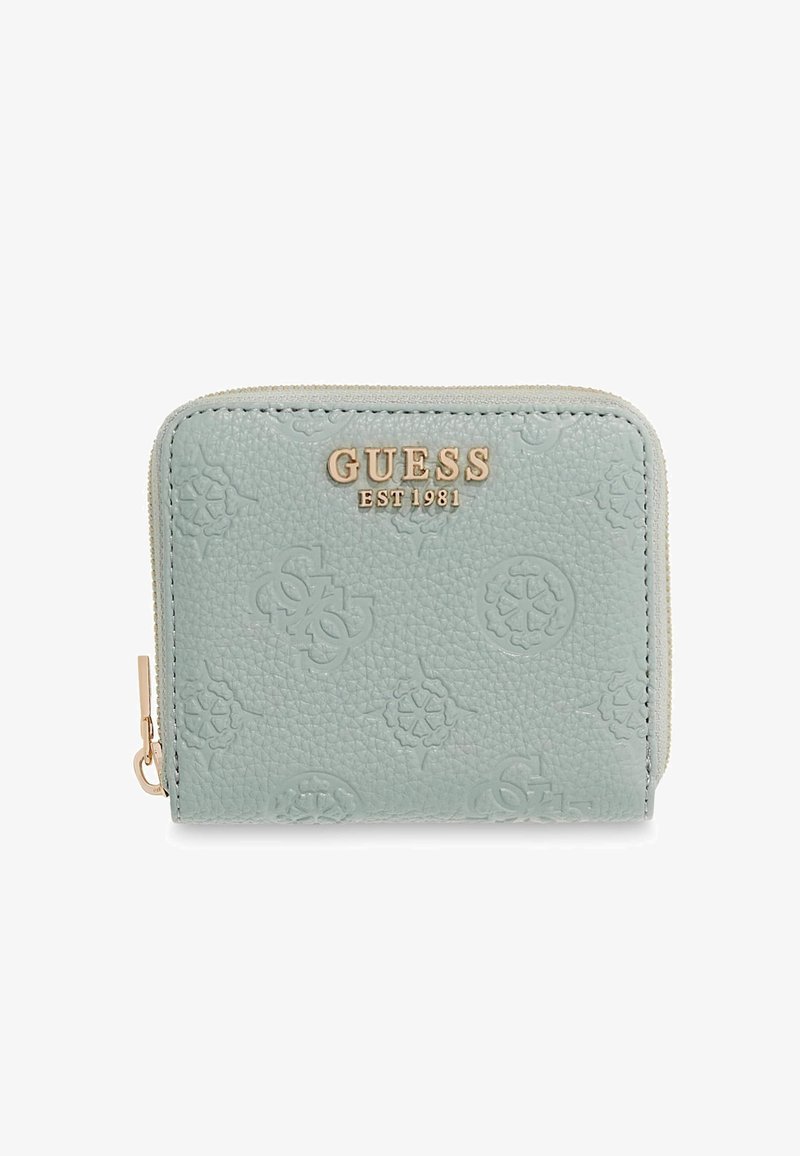 Een mintgroene portemonnee met ritssluiting rondom, gemaakt van getextureerd kunstleder, voorzien van reliëflogo's en gouden hardware accenten.