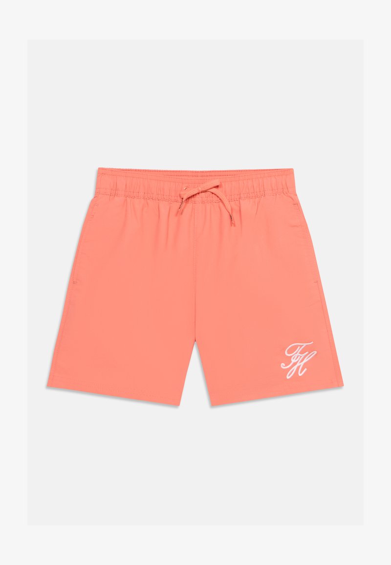 Μαγιό βερμούδα σε κοραλλί χρώμα με ελαστική μέση και κορδόνι, διακοσμημένο με λευκά κεντημένα αρχικά "FH" στο αριστερό πόδι.