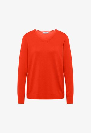 Fel oranje trui met lange mouwen en V-hals, platte boord en geribbelde manchetten, met het label "Cecil" bij de kraag.