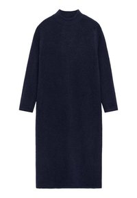 Abito lavorato a maglia blu navy con collare alto e maniche lunghe. Taglio dritto, tessuto testurizzato senza chiusure o motivi visibili.