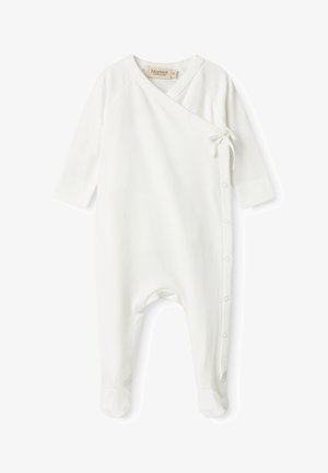 Combinaison en coton blanc pour bébé, à manches longues, design croisé, lien sur le côté et boutons pression sur le devant et à l'intérieur des jambes. Texture douce. Coupe régulière.