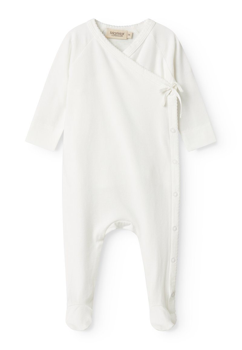 Vit bomull baby bodysuit med långa ärmar, omslagdesign, sidoknytning och tryckknappar nederst fram och vid insidan av benen. Mjuk textur. Normal passform.