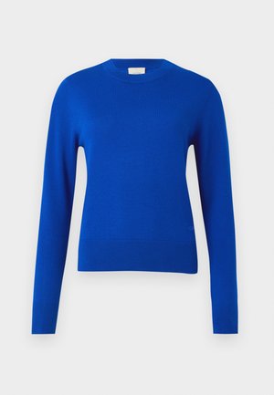 Modrá pletená mikina s dlhými rukávmi, okrúhlym výstrihom a priliehavým strihom. Hladká textúra s minimálnymi akcentmi, vhodná na bežné nosenie.