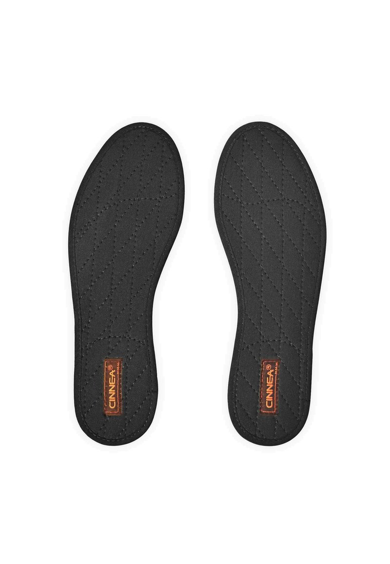 Black quilted insoles featuring a textured surface, smooth edges, and a small orange label with "CINEA" on one side.
