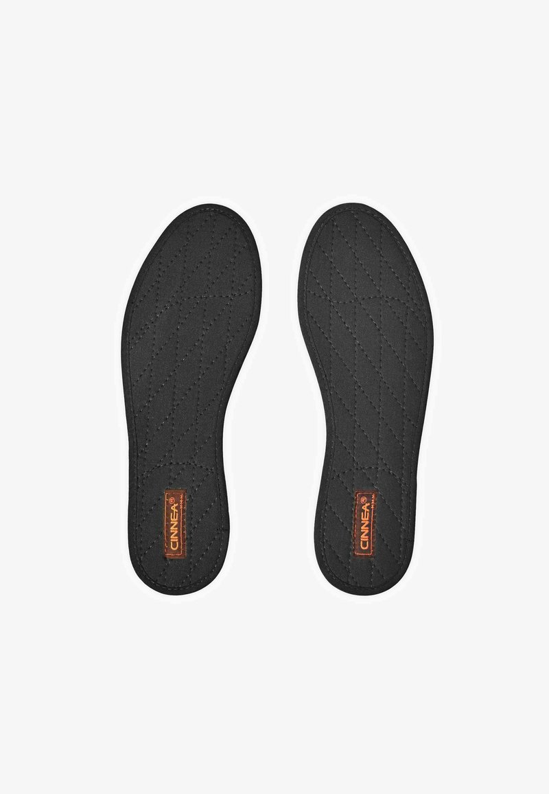 Black quilted insoles featuring a textured surface, smooth edges, and a small orange label with "CINEA" on one side.