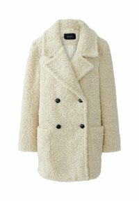 Double-breasted, cream-colored coat made of textured fabric with a fuzzy appearance; features black buttons and two front pockets.
