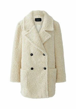 Double-breasted, cream-colored coat made of textured fabric with a fuzzy appearance; features black buttons and two front pockets.