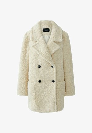 Double-breasted, cream-colored coat made of textured fabric with a fuzzy appearance; features black buttons and two front pockets.