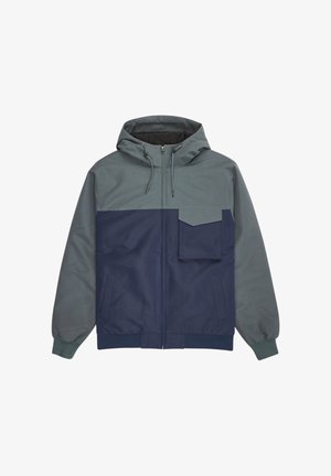 Hooded jacket in dark navy and light gray, featuring a front zip and side pockets, with a chest pocket and ribbed cuffs. Smooth, durable fabric.