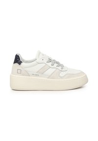Witte leren en suède sneakers met grijze veters, een robuuste witte zool en een sprankelende marineblauwe hielaccent. Bevat minimale merkaanduidingen.