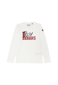 T-shirt bianca a maniche lunghe in cotone, con grafica testuale "Roy Roger's" in rosso e nero. Include un'etichetta rettangolare sull'orlo inferiore.