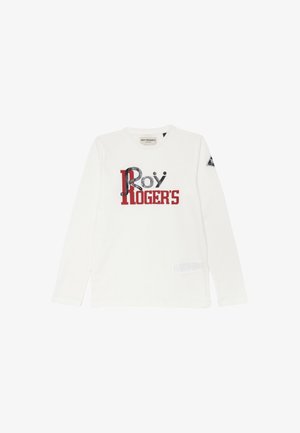T-shirt bianca a maniche lunghe in cotone, con grafica testuale "Roy Roger's" in rosso e nero. Include un'etichetta rettangolare sull'orlo inferiore.