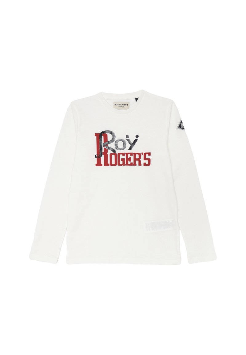 T-shirt bianca a maniche lunghe in cotone, con grafica testuale "Roy Roger's" in rosso e nero. Include un'etichetta rettangolare sull'orlo inferiore.