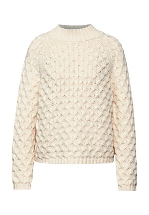 Crème-kleurige gebreide trui met een getextureerd honingraatpatroon, geribde ronde hals en geribde manchetten. Ontspannen pasvorm en lange mouwen.