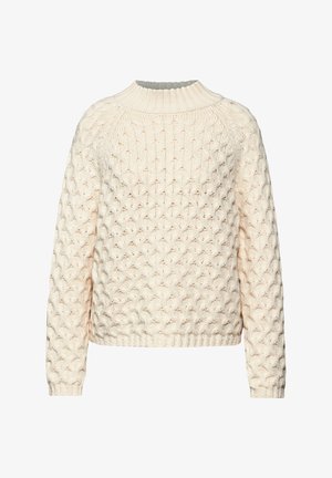 Crème-kleurige gebreide trui met een getextureerd honingraatpatroon, geribde ronde hals en geribde manchetten. Ontspannen pasvorm en lange mouwen.