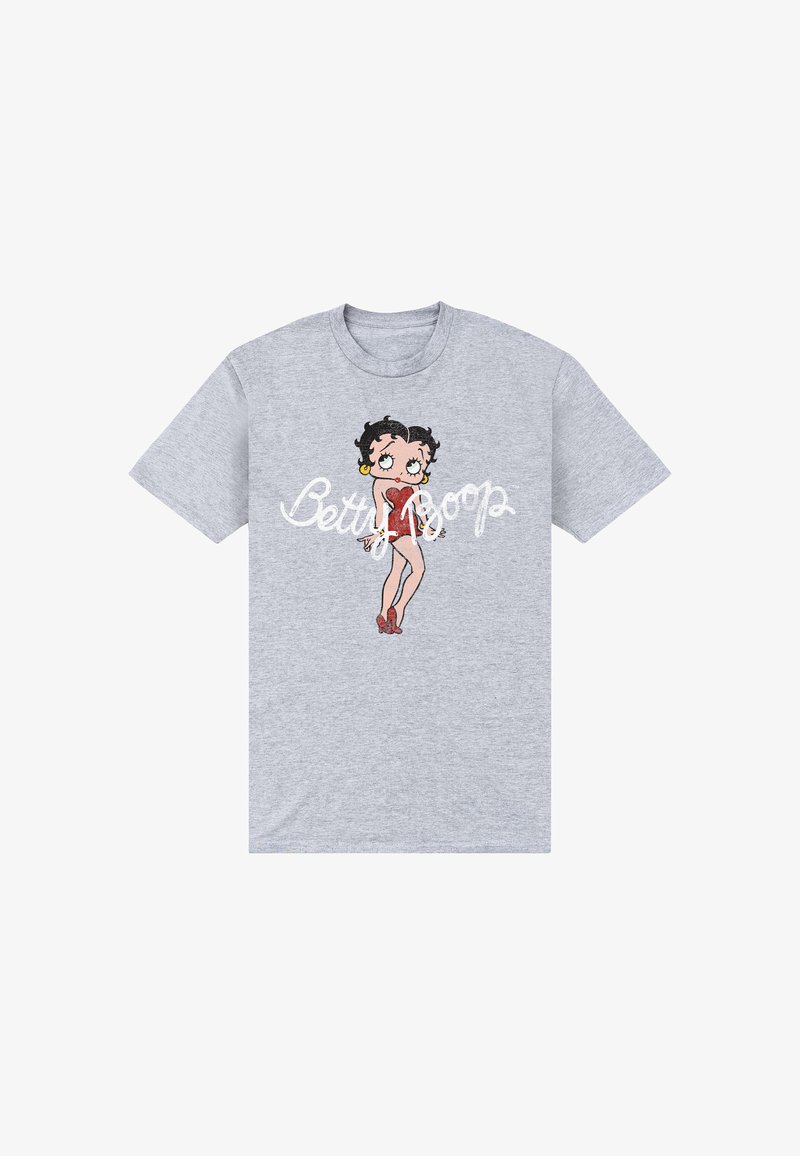Gray short-sleeve T-shirt with a cartoon character wearing a red dress and red shoes, with the text "Betty Boop" behind the character.