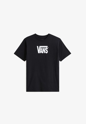 Camiseta de algodón negra con un logo blanco de "VANS" en la parte frontal. Diseño clásico de cuello redondo con mangas cortas y un ajuste regular.