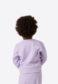 Vaaleanpunainen collegepaita, jossa on pyöreä pääntie ja resorit hihansuissa. Yläselässä pieni valkoinen logo. Pehmeä, teksturoitu kangas.