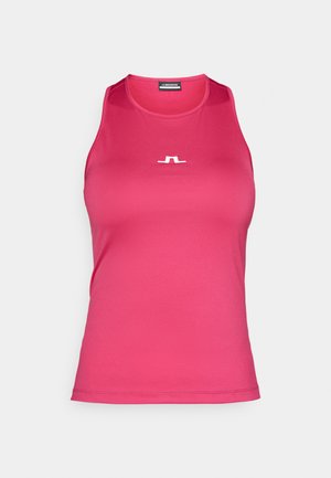 Sleeveless athletic tank top in bright pink, made of smooth fabric. Features a small white logo on the front and a round neckline.