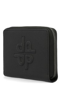 Black leather wallet with a textured surface, featuring a zip closure and embossed logo detail on the front. Compact rectangular shape.