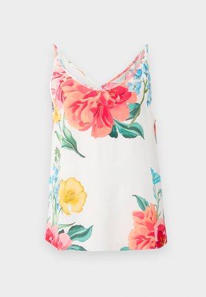 Bloemen camisole van lichtgewicht stof, met grote roze, rode en gele bloemen op een witte achtergrond. V-hals ontwerp en verstelbare banden.