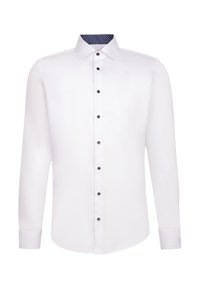 Witte overhemd met lange mouwen en zwarte knopen, met een blauw stippenpatroon aan de binnenkant van de kraag en de manchetten. Soepele stof, klassieke pasvorm.
