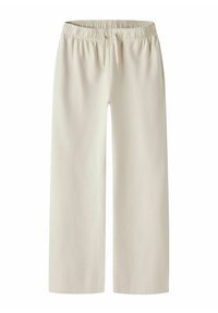 Bež široke športne hlače s širokim pasom iz elastike in vrvico za zavezovanje. Mehka tkanina z gladko teksturo, brez vidnih žepov ali vzorcev.