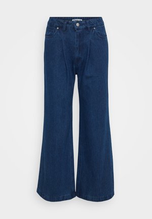 Wide-leg denim trousers in dark blue, featuring a high waist, button closure, front pockets, and a smooth texture.