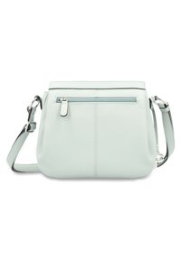 Borsa a tracolla in pelle azzurra chiara con zip superiore, tasca frontale con zip e tracolla regolabile. Texture liscia con dettagli di cucitura sottili.