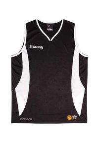 Zwarte basketbalshirt met witte zijpanelen, V-halsontwerp, ademend materiaal, met het Spalding-logo op de voorkant en een merketiket aan de onderrand.